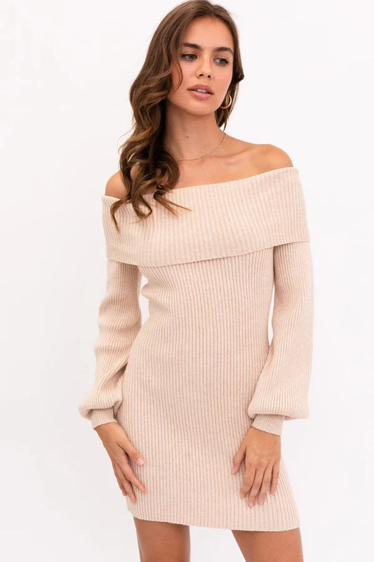 LELIS BALLOON SLEEVE OFF SHOULDER RIBBED DRESS