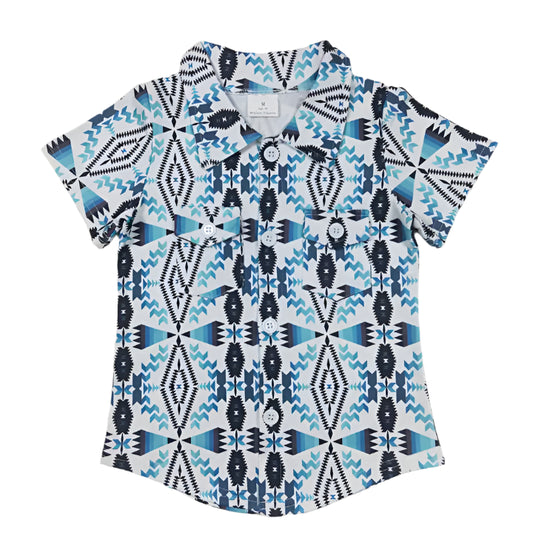 Baby Boys Teal White Aztec Western Short Sleeve Buttons Shirt