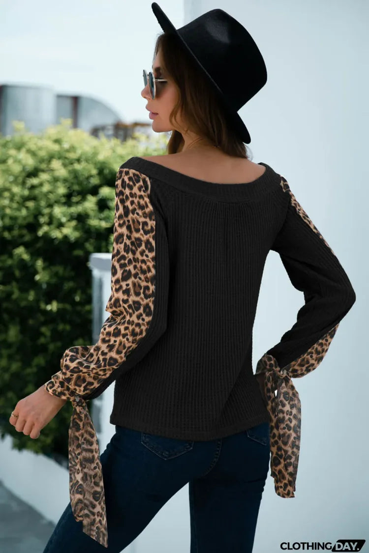 Black Contrast Leopard Sleeve Off Shoulder Top
