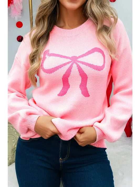 Bow Graphic Drop Shoulder Round Neck Sweater