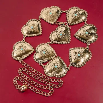 Western Turquoise Boho Concho Hearts Link Chain Belt