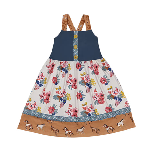 Baby Girls Western Horse Flowers Straps Knee Length Dresses