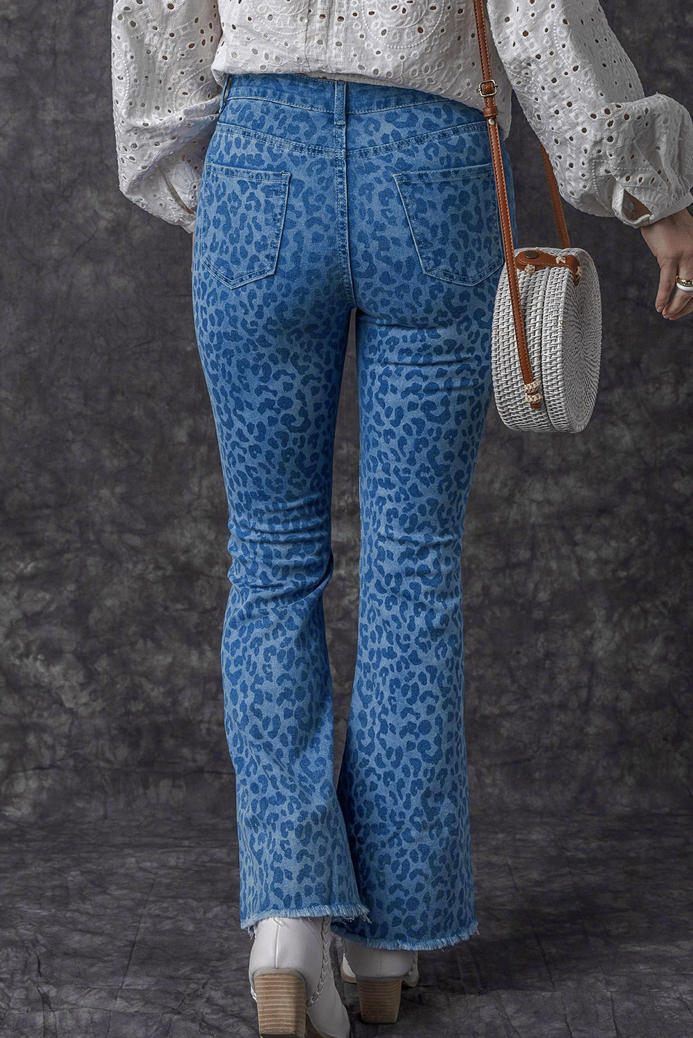 Leopard Print Raw Hem High Waist Flare Jeans