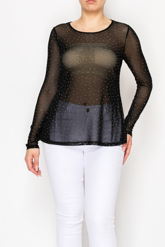 ORIGAMI byvivien |Long Sleeved Mesh Top With Sparkly Details BLK