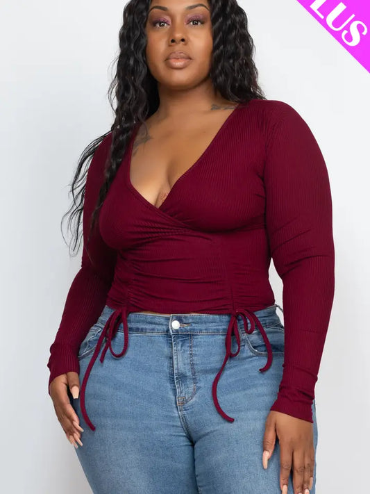 Cappella |Plus Size Ribbed Drawstring Ruched Long Sleeve Crop Top