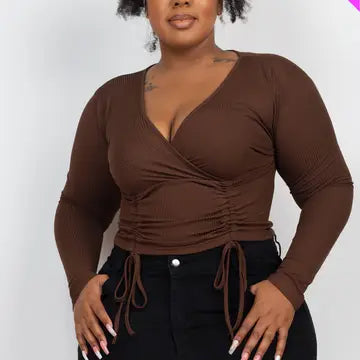 Cappella |Plus Size Ribbed Drawstring Ruched Long Sleeve Crop Top