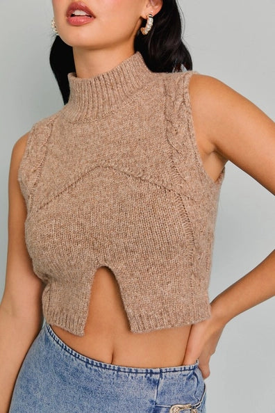 LELIS MOCHA MOCK NECK CUTOUT CROP SWEATER TOP