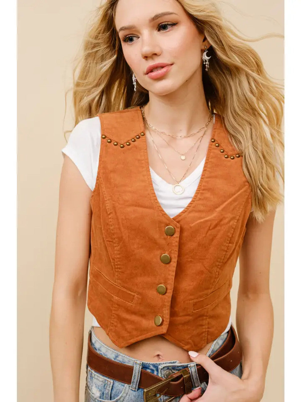 Blue B Corduroy Crop Studded Vest