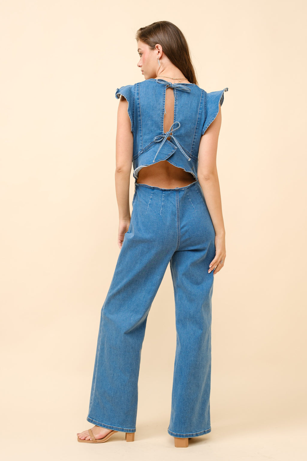 BLUE B |Ruffle Tie Cut out Back Stretch Denim Jumpsuit
