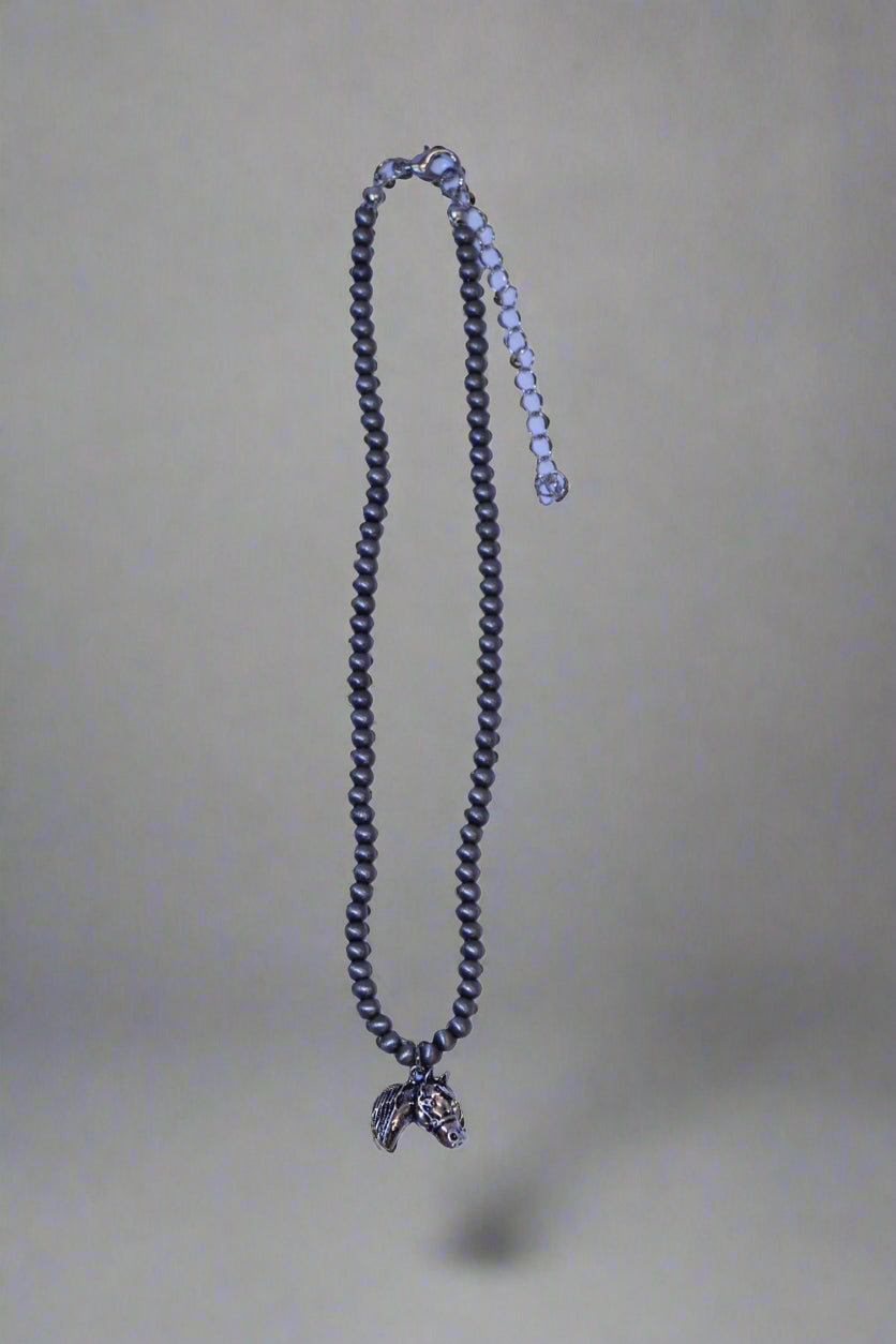14" Dainty Faux Navajo Pearl Necklace with Horse Head Charm