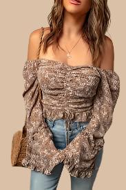 Brown Floral Print Off Shoulder Ruched Crop Top