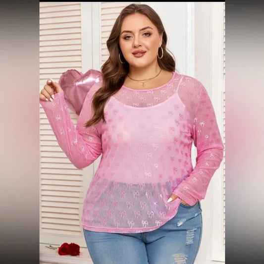Plus Size Pink Bow Embroidered Mesh Long Sleeve Top