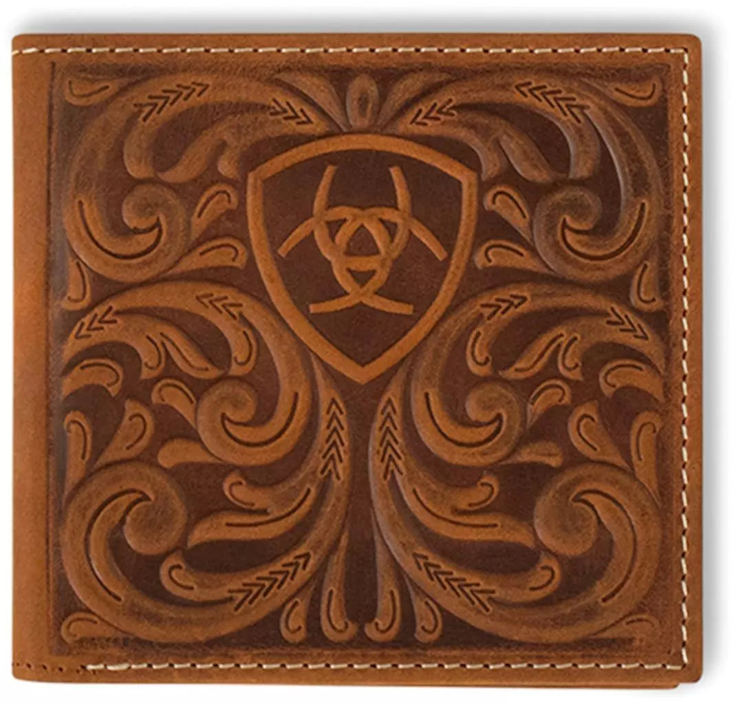 Ariat Western Mens Bifold Wallet Leather Embossed Scrolling Logo Brown A3561444