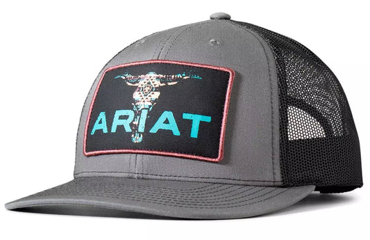 Ariat Mens Hat Baseball Cap Logo Bull Skull Patch Grey A300085907