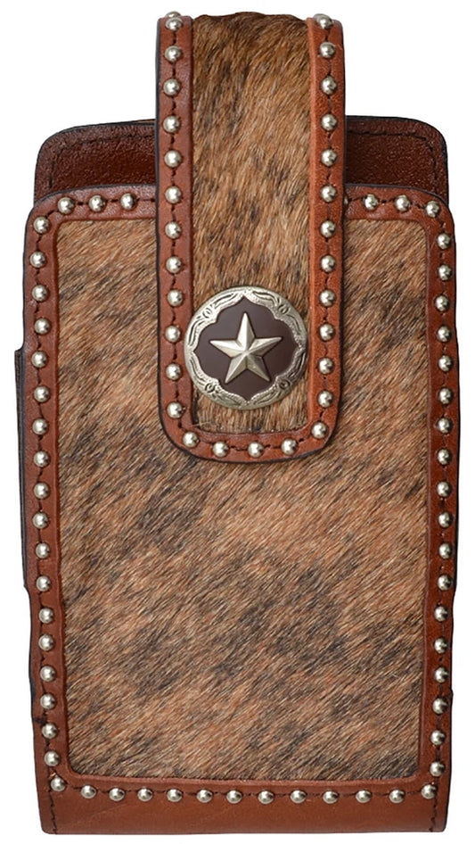 3D Phone Holder Leather Hair-On Inlay Studs Concho Brown DPH646