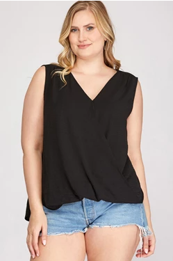 She + Sky |PLUS - SLEEVELESS SURPLICE WOVEN TOP WITH TIE BACK