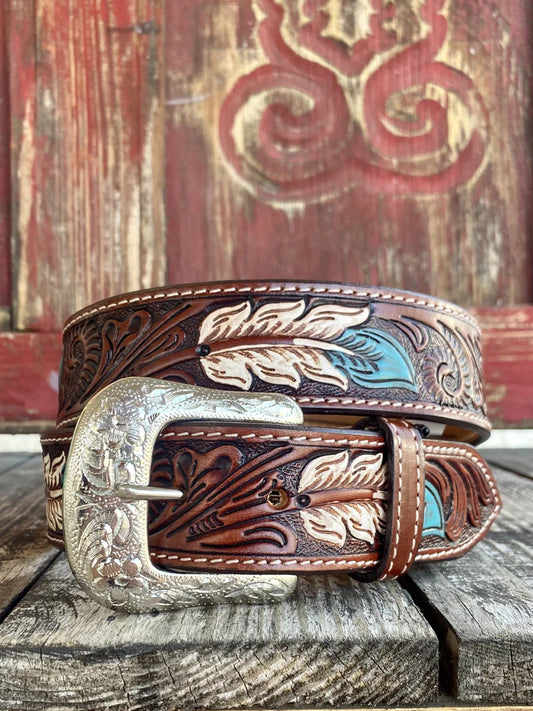 Ranger Belt Co| Adult Belt Hand Carved Feathers Hand Painted Chesnut