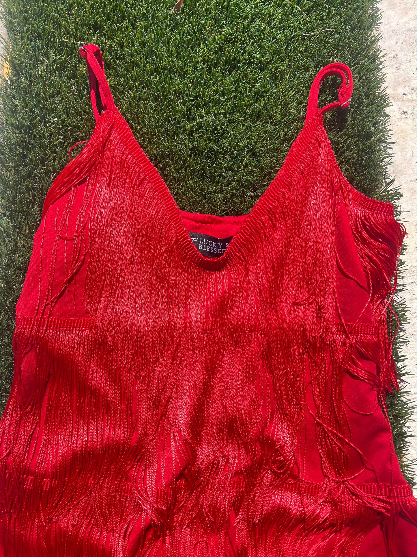 LUCKY & BLESSED RED FRINGE DRESS