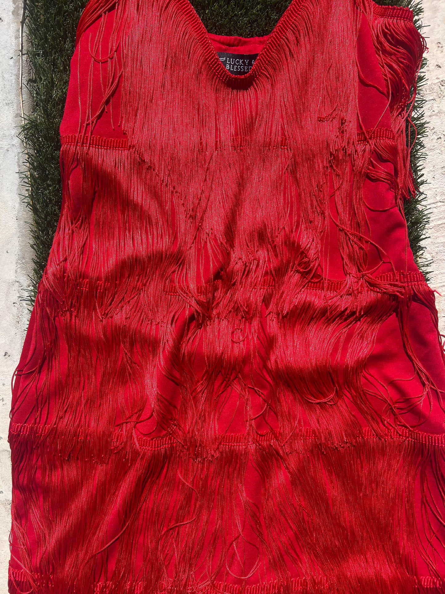 LUCKY & BLESSED RED FRINGE DRESS