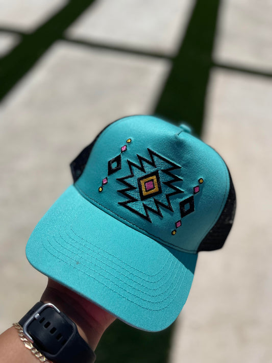 TEAL AZTEC PRINT HAT